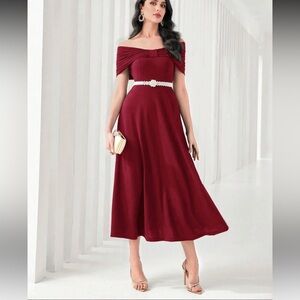 Royal looking unique bow Off-Shoulder maroon midi Dress